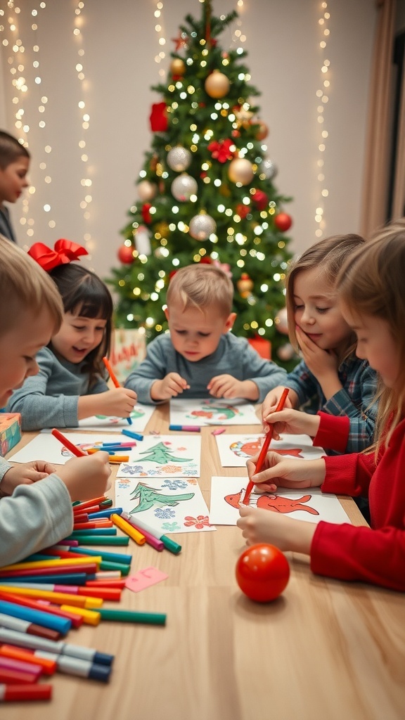 Children crafting colorful Christmas cards with markers and stickers at a table decorated for the holidays.